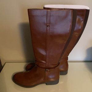 Wide calf brown faux-leather knee high boots